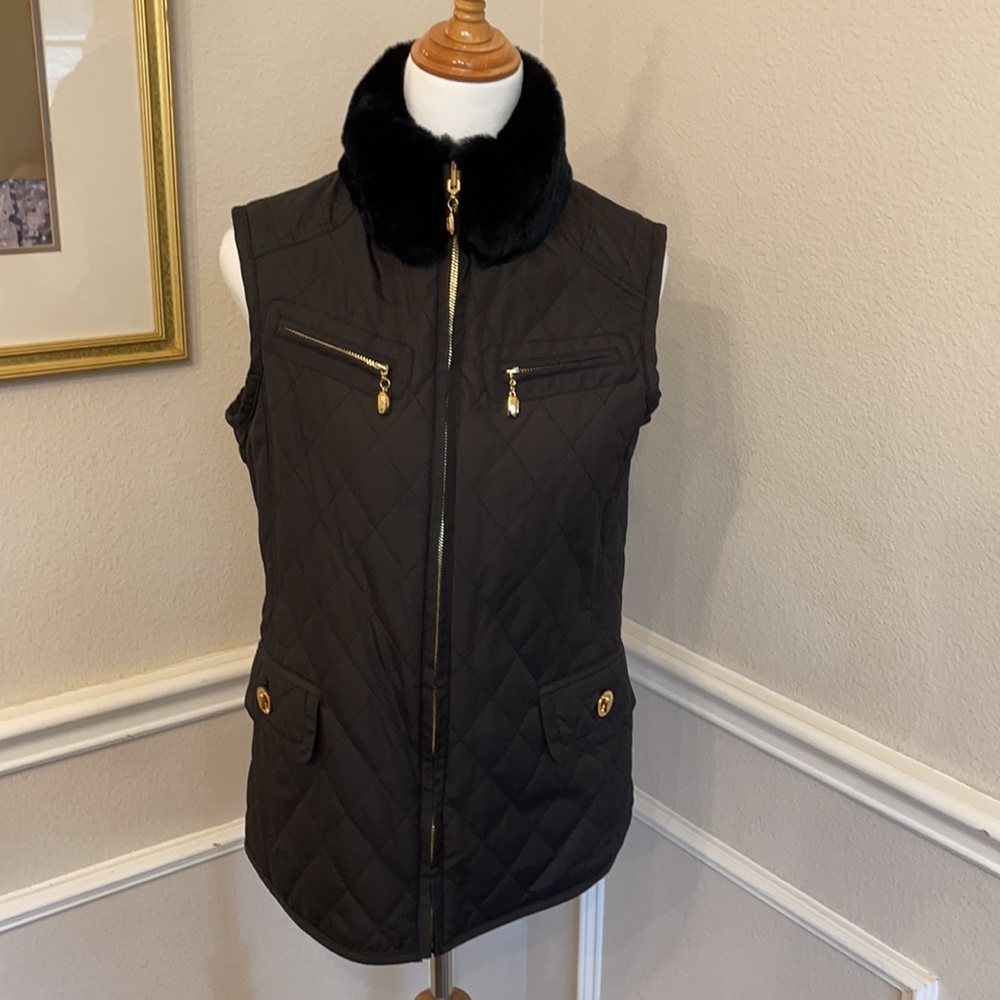 St. John Black Reversible Rabbit Fur Quilted Vest with Gold Accents